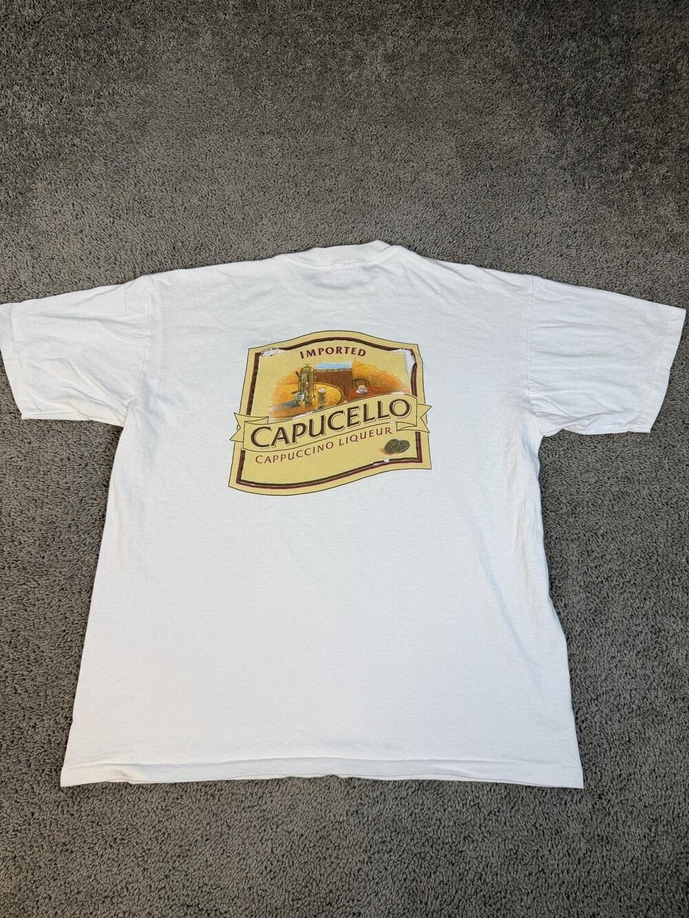 Vintage Capucello Cappuccino Liqueur Shirt Mens XL White Back Distressed